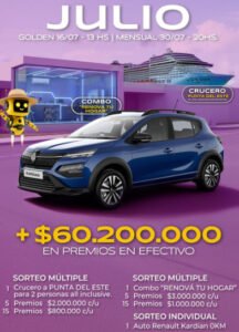 Este Jueves 30 de Julio Sorteo Mensual !  1 Auto 0km. 1 Viaje en Crucero. 1 Combo para el hogar, y 60 Millones en Efectivo ! Imperdible como se mire…