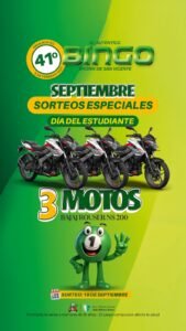 Próximo Sorteo Especial del Auténtico Bingo Brown de San Vicente. Sábado 19 de Septiembre. Motos y mucho más. Premios Todo el Año. Empezá yá.